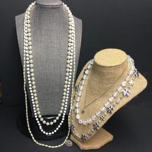 Clear Pearl White Necklace Lot Silver Plastic Flower Rhinestone Gold Silver Ring